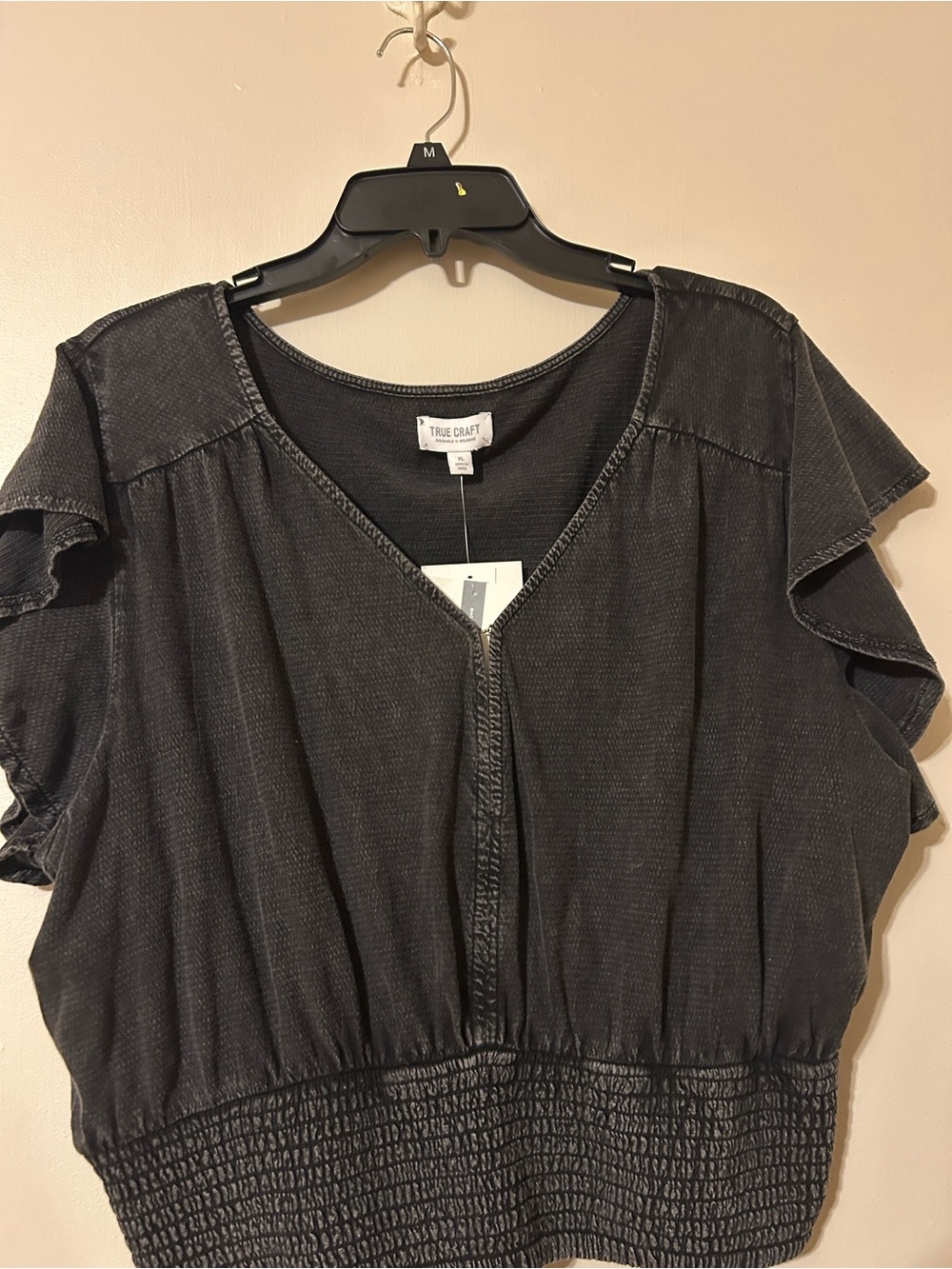 NWT True Craft Black Smocked-Hem Flutter Sleeve Crop Top